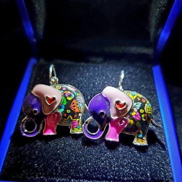 Handpainted Enamel Elephant Earrings Pink Ears, Pu - Picture 1 of 7